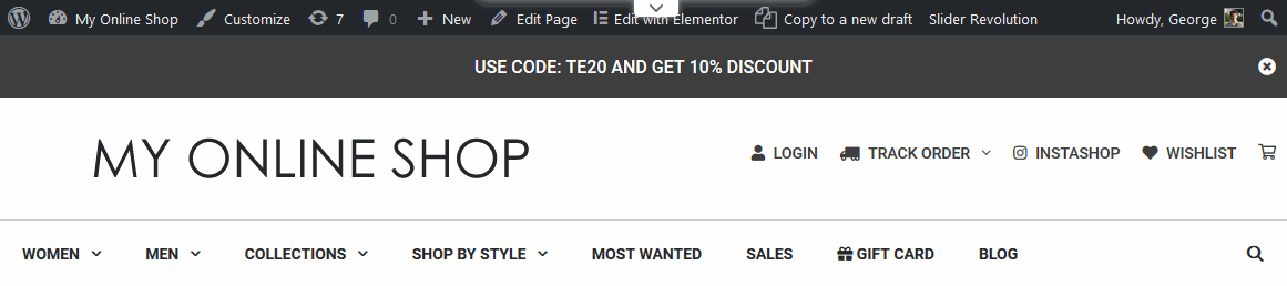 Top bar with the admin bar visible